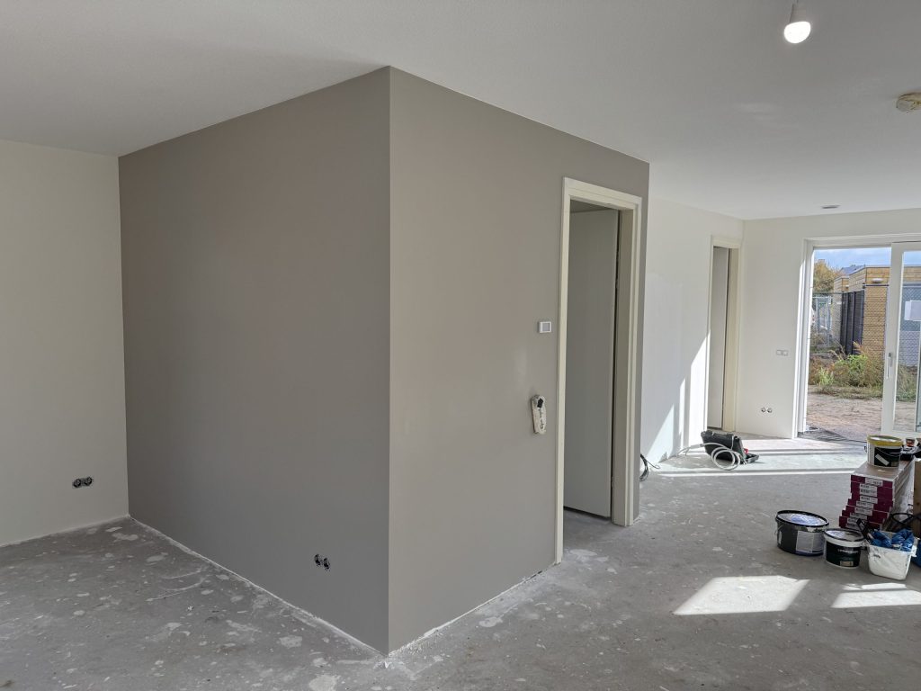 Woonkamer met een warmgrijze vlieswand rond de hal en witte muren eromheen